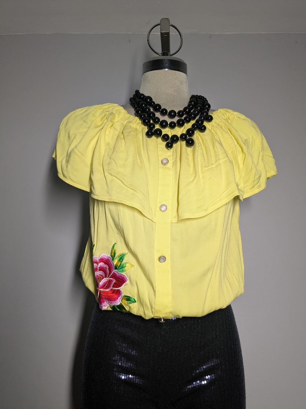 Yellow Puff-Sleeve Button-Front Blouse with Pink Floral Embroidery